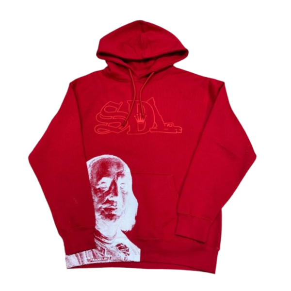Red SDL Hoodie with white SDL logo and bold portrait graphic streetwear design