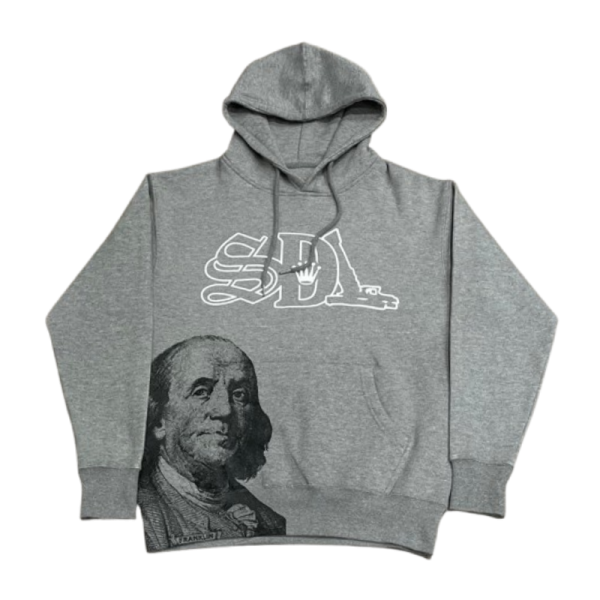 Grey SDL Hoodie with white SDL logo and portrait graphic streetwear design