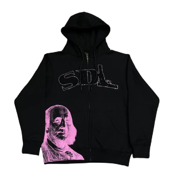Pink SDL Hoodie with white SDL logo and portrait graphic streetwear design