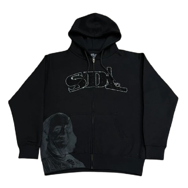 Black SDL Hoodie with white SDL logo and portrait graphic streetwear design